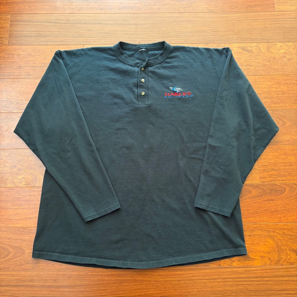 Harley Davidson Mens 2XL/3XL Henley Shirt Long Sleeve Black USA Vintage Iowa